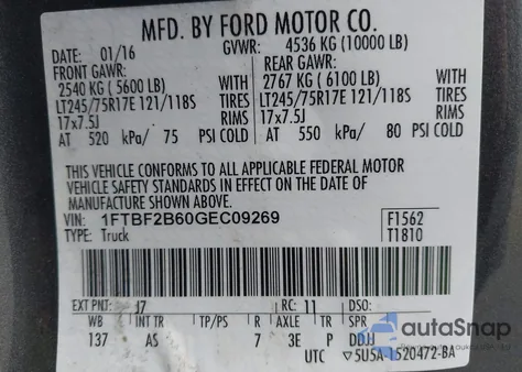 2016 Ford F-250 Xl z USA, uszkodzony, nr VIN 1FTBF2B60GEC09269